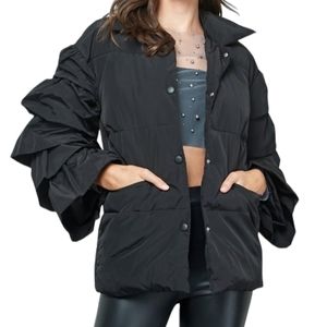 Women's Black Tiered Ruffle Sleeve Puffer Coat NWT - (#0137)